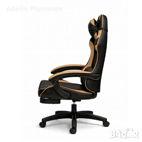 Геймърски стол с масажна функция, лумбална възглавница и поставка за крака – Черен-златист, снимка 3 - Столове - 53483851