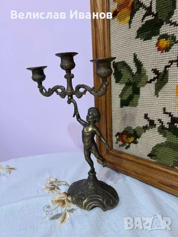 Стар антикварен бронзов свещник за три свещи. Отлично състояние., снимка 3 - Колекции - 47514691