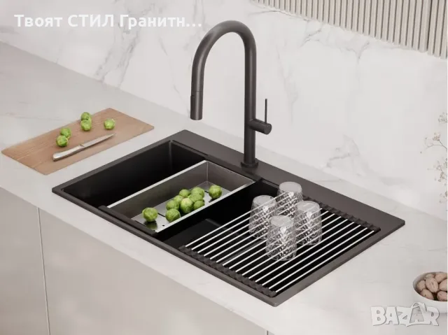 Черна кухненска гранитна мивка Осло 80 Duo Top 780x500 мм