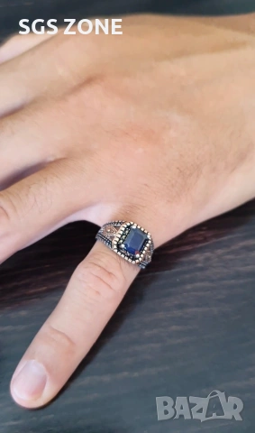 Мъжки сребърен пръстен със сапфир и марказити от Тайланд, снимка 6 - Пръстени - 53384754