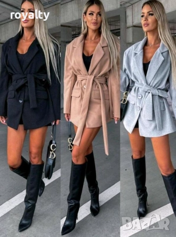 Дамско черно късо палто с колан / Различни цветове 