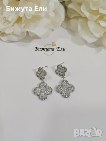 Обеци детелини с бели кристали , снимка 2 - Обеци - 48277321