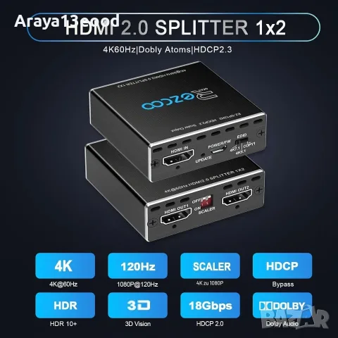 HDMI Splitter 1 към 2 изхода, 4K 60Hz HDR, Dolby Vision и Dolby Atmos, снимка 5 - Други - 55799870