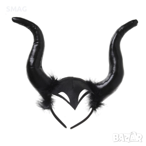 Диадема Halloween с черни сатенени рога и пера_1256038