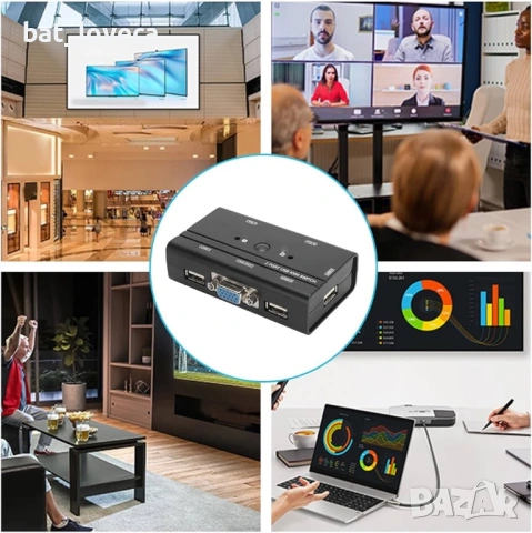 2-портов VGA KVM превключвател, USB превключвател за 2 компютъра, споделяне на 1 монитор, клавиатура, снимка 6 - Кабели и адаптери - 53759929