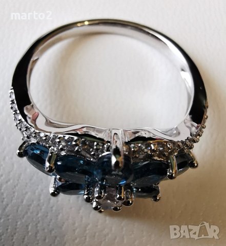 Елегантен сребърен 925 пръстен с родиево покритие и Натурални London Blue Топази и Циркони!, снимка 4 - Пръстени - 42381089