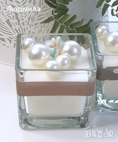 ​Ванилова свещ с перли и синьо Сърце — Ръчна изработка