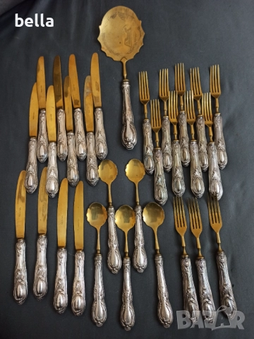 СТАР СРЕБЪРЕН КОМПЛЕКТ ПРИБОРИ С ПОЗЛАТА  -СОЛИНГЕН ,800 ПРОБА