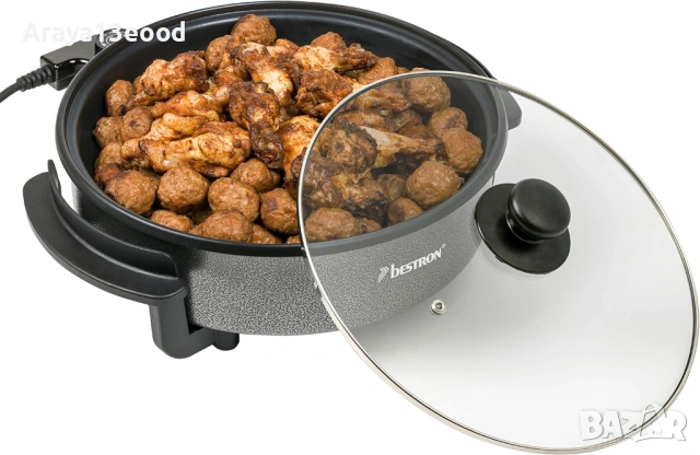 Bestron AHP1200 Електрически тиган с незалепващо покритие и стъклен капак 1500 W / 28,5 см, черен