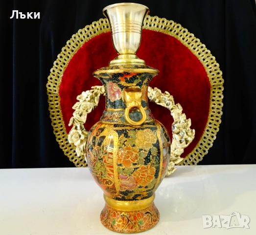 Порцеланов свещник Satsuma,злато,бронз,печат. , снимка 4 - Антикварни и старинни предмети - 52258434