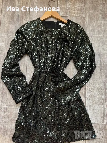 блестяща нова  къса парти коктейлна официална тъмно маслено зелена еластична рокля пайети, снимка 4 - Рокли - 48144445