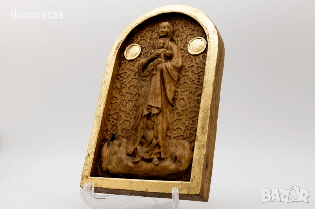 Релефна икона на Богородица с младенеца от масивен дъб, снимка 3 - Икони - 53223312