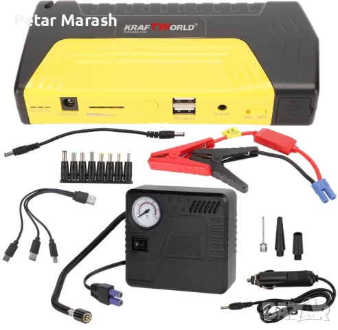KraftWorld KW-2679 – Джъмп стартер за кола с компресор, фенер и аварийни инструменти 12V, 600A, USB, снимка 2 - Компресори - 51792990