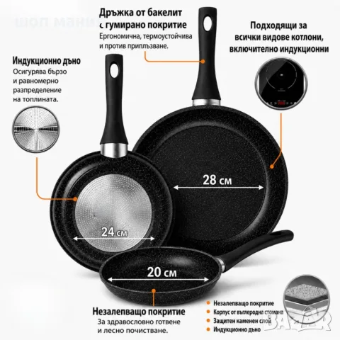 Комплект 3 тигана 20/24/28 см с незалепващо каменно покритие и индукционно дъно, снимка 3 - Съдове за готвене - 55943656