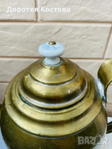 Голям месингов чайник от Англия с порцелан на капака, снимка 11 - Антикварни и старинни предмети - 53577942