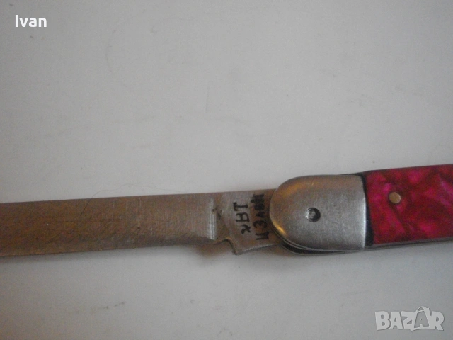 Българско Соц ножче ножка джобно туристическо 18,5 см с дръжка от червен каталин, снимка 7 - Антикварни и старинни предмети - 53420295