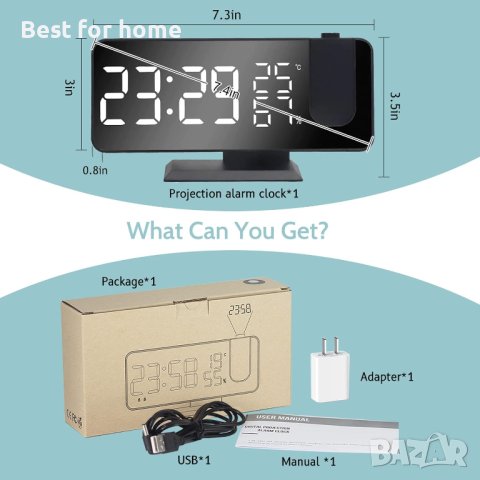 Прожекционен будилник LED дигитален,FM радио,температура и влажност,USB порт за зареждане,огледален, снимка 2 - Друга електроника - 42417437