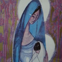 Стара картина "Богородица с младенеца" в рамка, снимка 2 - Картини - 41584020