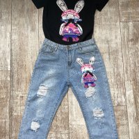 Нов уникален дънков сет комплект  от две части дънки T-shirt костюм  тениска и дънки заек , снимка 3 - Комплекти - 40367526