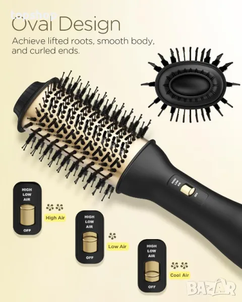Четка с горещ въздух за сушене, изправяне, обем на коса - 60 мм овален дизайн - черен, снимка 1