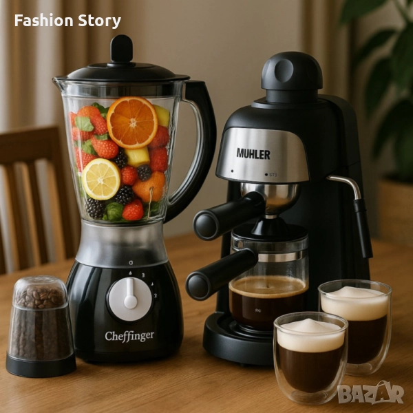 Комплект от еспресо машина MUHLER MCM-33 + 2 стъклени чаши и блендер с мелничка Cheffinger Home CF-P, снимка 1
