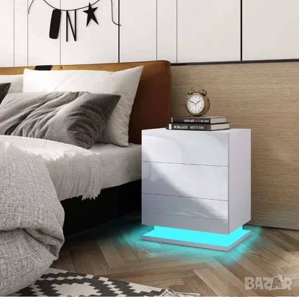 Нощни шкафчета Бял/Черен гланц/мрамор лед LED осветление, 3 чекмеджета, снимка 1