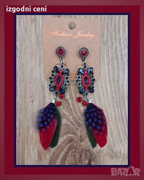 Луксозни цветни обици с пера и камъни, модел 1, снимка 1