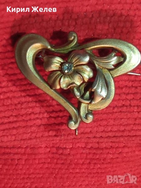 СТАРИННА ДИАМАНТЕНА ПОЗЛАТЕНА МЕДНА БРОШКА АРТ-ДЕКО ЮВЕЛИРНА РАБОТА ФЛОРАЛНА 60951, снимка 1