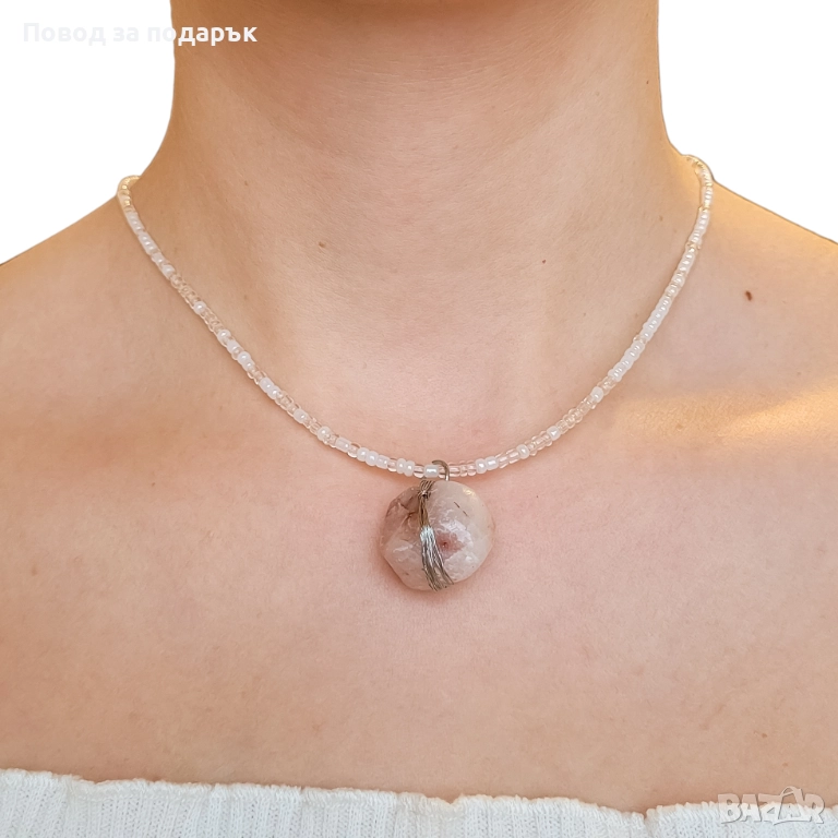 Колие с мъниста и естествен кварц , снимка 1