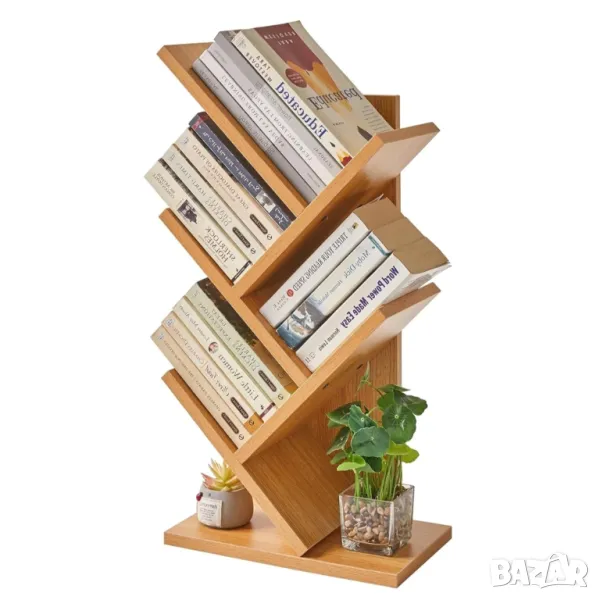 Етажерка за книги библиотека с 4 рафта бежова, дървесен цвят, снимка 1
