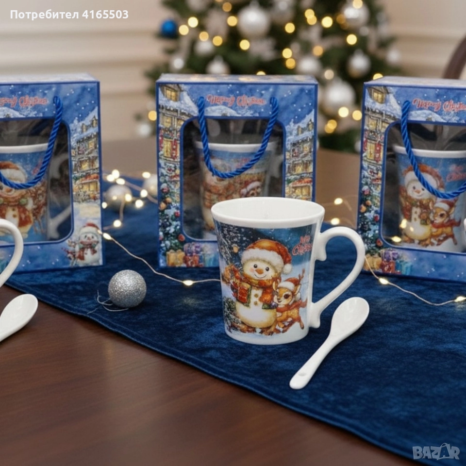 Празничен комплект за топли напитки – Керамична чаша и лъжичка в коледна опаковка, снимка 1