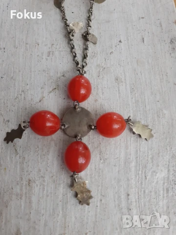 Стар възрожденски накит гердан колие сачан червено стъкло, снимка 3 - Антикварни и старинни предмети - 51055553