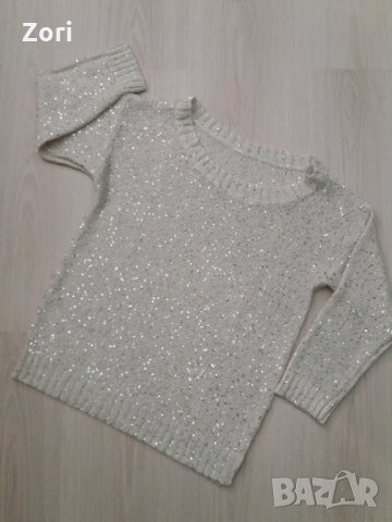 Бяла блуза рехаво плетиво със сребристи пайети, снимка 1 - Блузи с дълъг ръкав и пуловери - 34727261