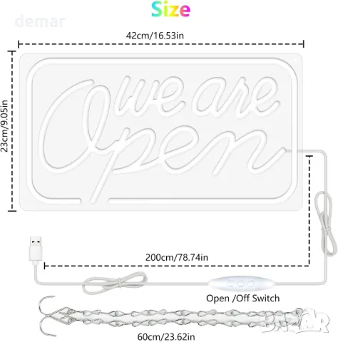 LED неонов надпис We Are Open, 42x23 см, USB захранване, (розово&синьо&жълто), снимка 7 - Лед осветление - 47512364