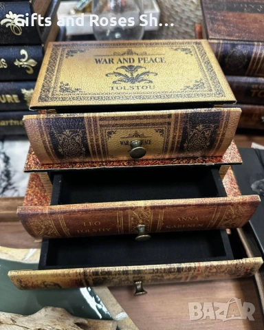 Кутия тип книги ,с три чекмеджета - дърво и кожа, снимка 2 - Подаръци за мъже - 53200311