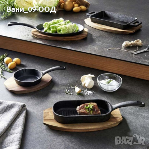 Чугунен тиган с акациева поставка, снимка 2 - Съдове за готвене - 36263565
