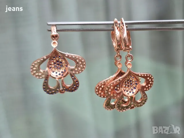 Сребърни обеци и висулка розово покритие 17510, снимка 2 - Обеци - 50324851