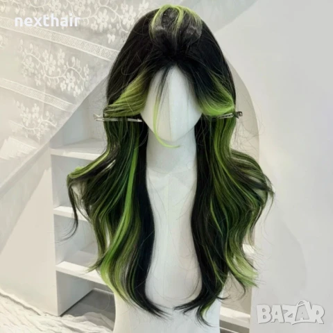 Черна чуплива перука с лимонено жълти кичури, снимка 7 - Аксесоари за коса - 51029919