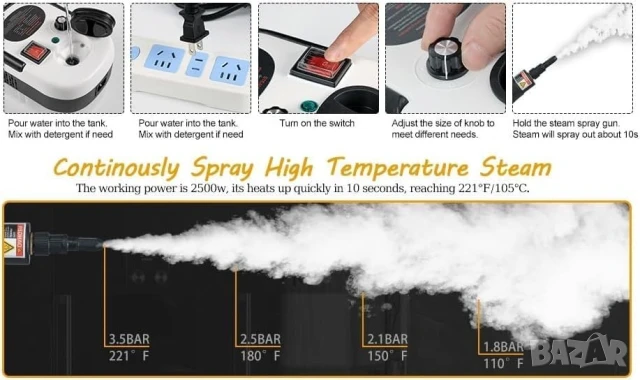 Нова Парочистачка TOBI, Преносима, Мощност 2500 W, 6 скорости, 7 накрайника, Резервоар 1200 ml, снимка 7 - Парочистачки и Водоструйки - 50812659