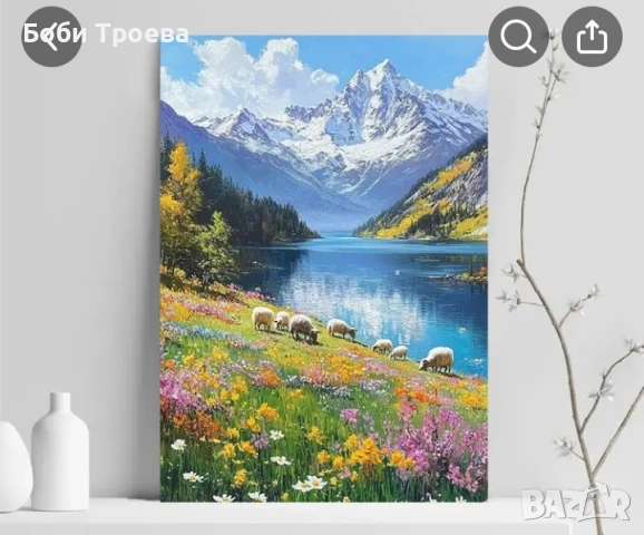 Живописна Пасторална Сцена с Цветни Диви Цветя, Рустик,Буйни Дървета и Зелени Планини, снимка 3 - Картини - 53032118