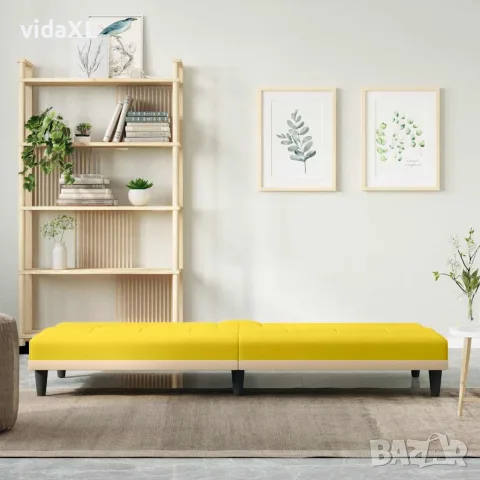 vidaXL Разтегателен диван с поставки за чаши, светложълт, плат, снимка 3 - Дивани и мека мебел - 56147254