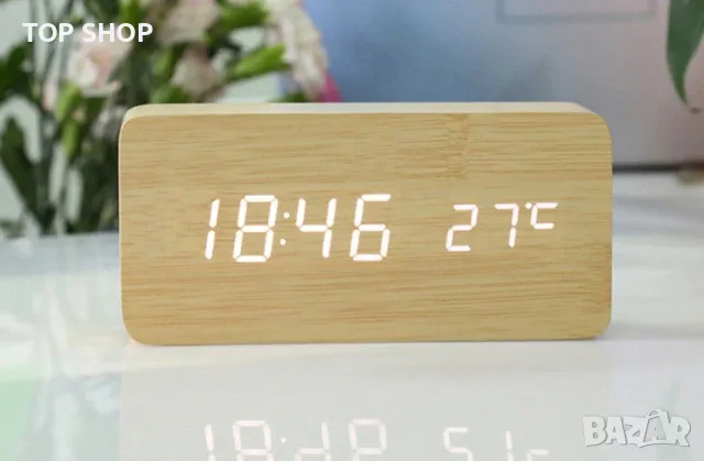 Дигитален часовник, USB Wooden Clock, Tермометър, LED, Дървен, Черен, снимка 2 - Стенни часовници - 48830197