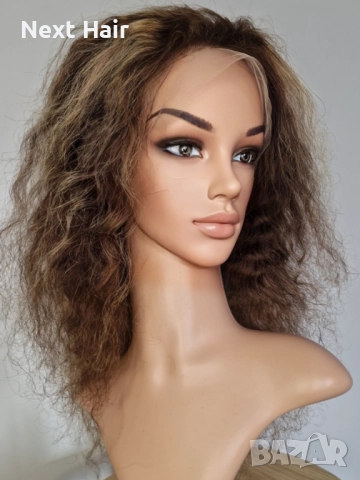 Естествена афро къдрава кафява перука с руси кичури с дантела 13х4, снимка 6 - Аксесоари за коса - 52024595