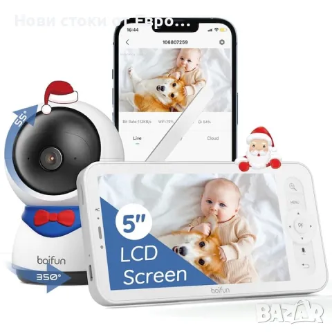 BOIFUN видео бебефон, 5'' 1080P, детекция на движение и звук, нощно виждане, двупосочен