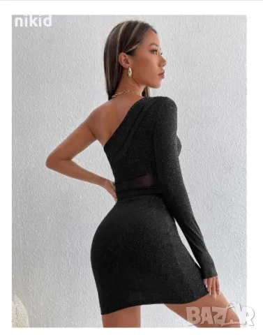 Дамска официална рокля с едно рамо един ръкав черна с брокат, снимка 2 - Рокли - 48090688