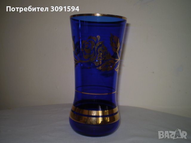 Ретро синя стъклена ваза с златни орнаменти, снимка 2 - Други ценни предмети - 41408508