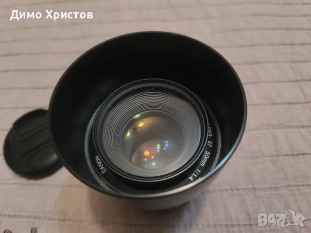 Продавам обектив Canon EF 50mm f/1.4 USM + сенник, капачки и UV филтър, снимка 2 - Обективи и филтри - 56005148