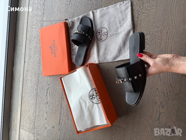 Hermes естествена кожа чехли черни, снимка 7 - Чехли - 51541569