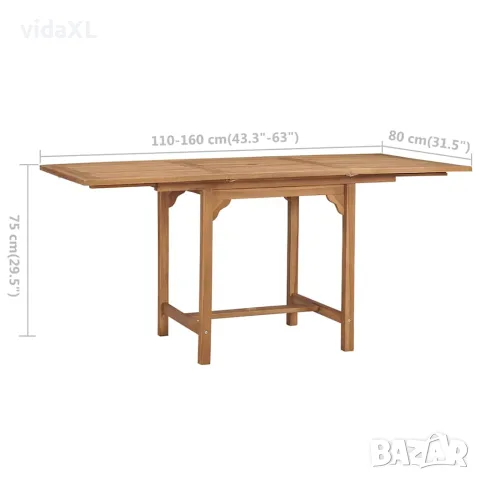 vidaXL Разтегателна градинска маса, (110-160)х80х75 см, тик масив, снимка 8 - Градински мебели, декорация  - 56147664
