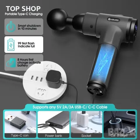 AERLANG АКумулаторен пистолет за мускулен масаж/6 глави/20 скорости/LCD тъч  дисплей, снимка 4 - Масажори - 49308677